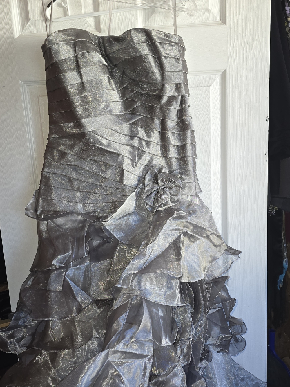 Silver Layered Ruffled Prom Gown - Picture 4 of 6